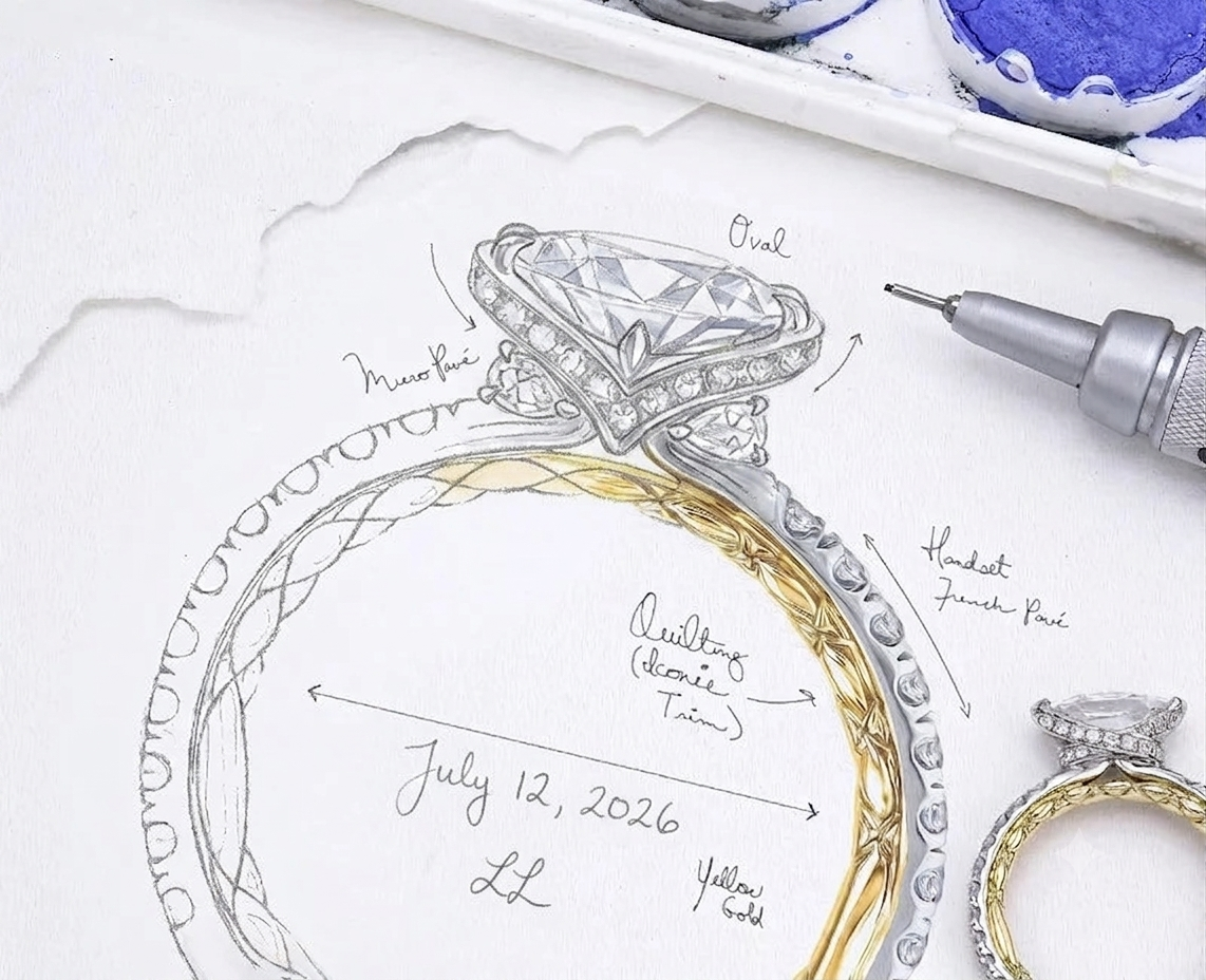 Annotated engagement ring design sketch with stone, setting, and metal notes